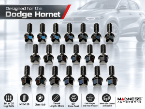 Dodge Hornet Lug Bolt Set - Set of 20 - M12x1.25 - 60° Cone Seat - Black