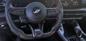 Dodge Hornet Custom Steering Wheel - Carbon Fiber - Flat Top/ Flat Bottom - w/ 2 Red Center Stripes - Perforated Leather