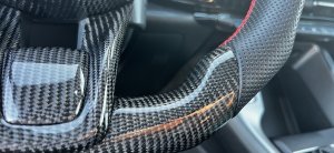 Dodge Hornet Custom Steering Wheel - Carbon Fiber - Flat Top/ Flat Bottom - w/ 2 Red Center Stripes - Perforated Leather