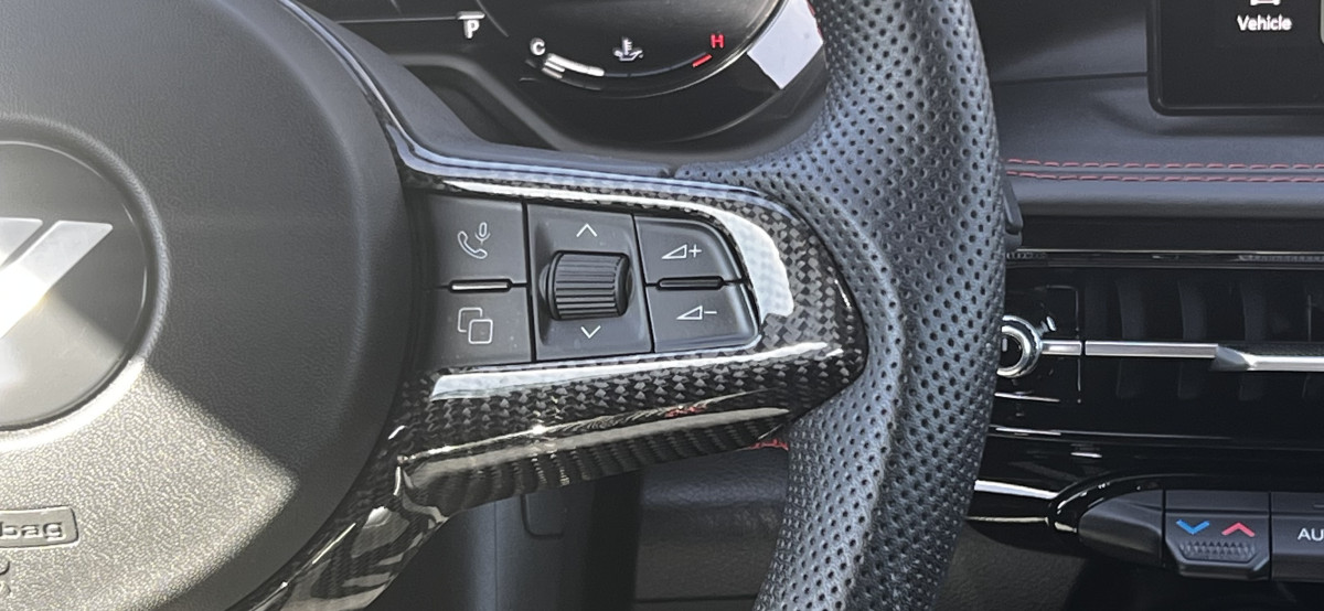 Dodge Hornet Custom Steering Wheel - Carbon Fiber - Flat Top/ Flat Bottom - w/ 2 Red Center Stripes - Perforated Leather