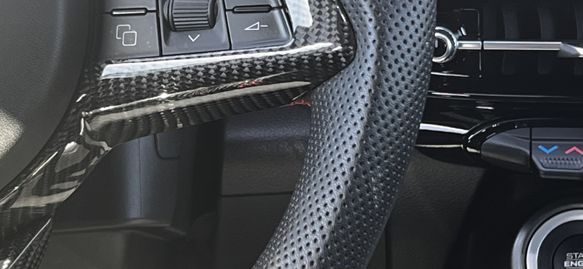 Dodge Hornet Custom Steering Wheel - Carbon Fiber - Flat Top/ Flat Bottom - w/ 2 Red Center Stripes - Perforated Leather