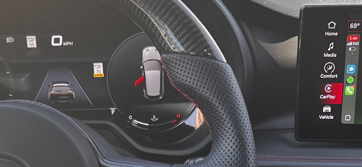 Dodge Hornet Custom Steering Wheel - Carbon Fiber - Flat Top/ Flat Bottom - w/ 2 Red Center Stripes - Perforated Leather