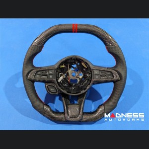 Dodge Hornet Custom Steering Wheel - Carbon Fiber - Flat Top/ Flat Bottom - w/ 2 Red Center Stripes - Perforated Leather