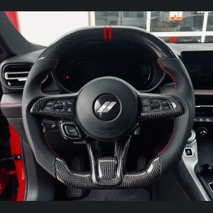 Dodge Hornet Custom Steering Wheel - Carbon Fiber - Flat Top/ Flat Bottom - w/ 2 Red Center Stripes - Perforated Leather