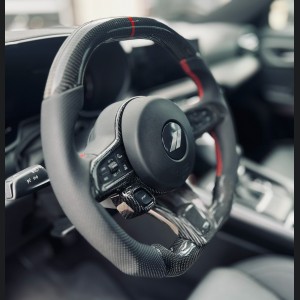 Dodge Hornet Custom Steering Wheel - Carbon Fiber - Flat Top/ Flat Bottom - w/ 2 Red Center Stripes - Perforated Leather