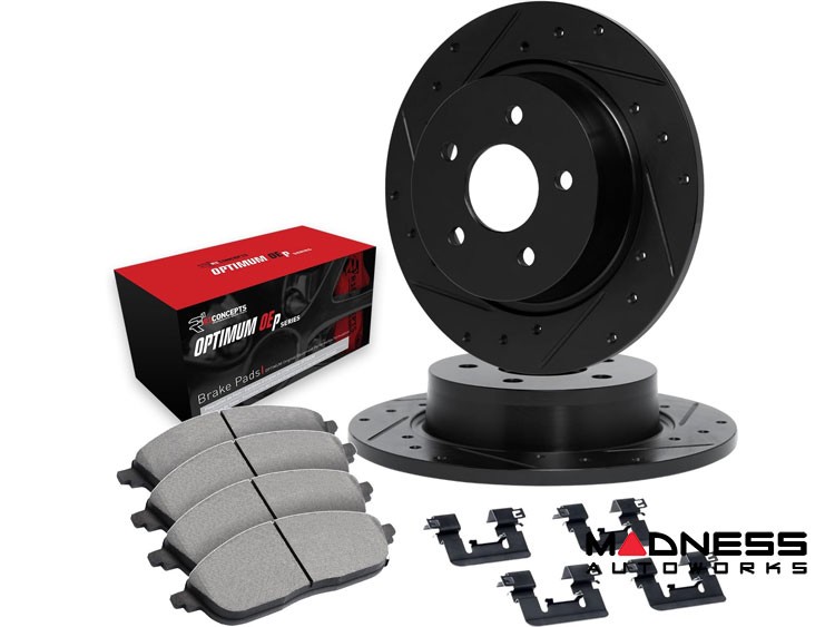 Dodge Hornet Brake Kit - Rear - R1 Concepts - Optimum OEp Brake Pads - eLINE Black Drilled + Slotted Rotors