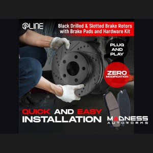 Dodge Hornet Brake Kit - Rear - R1 Concepts - Optimum OEp Brake Pads - eLINE Black Drilled + Slotted Rotors