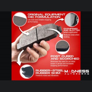 Dodge Hornet Brake Kit - Rear - R1 Concepts - Optimum OEp Brake Pads - eLINE Black Drilled + Slotted Rotors
